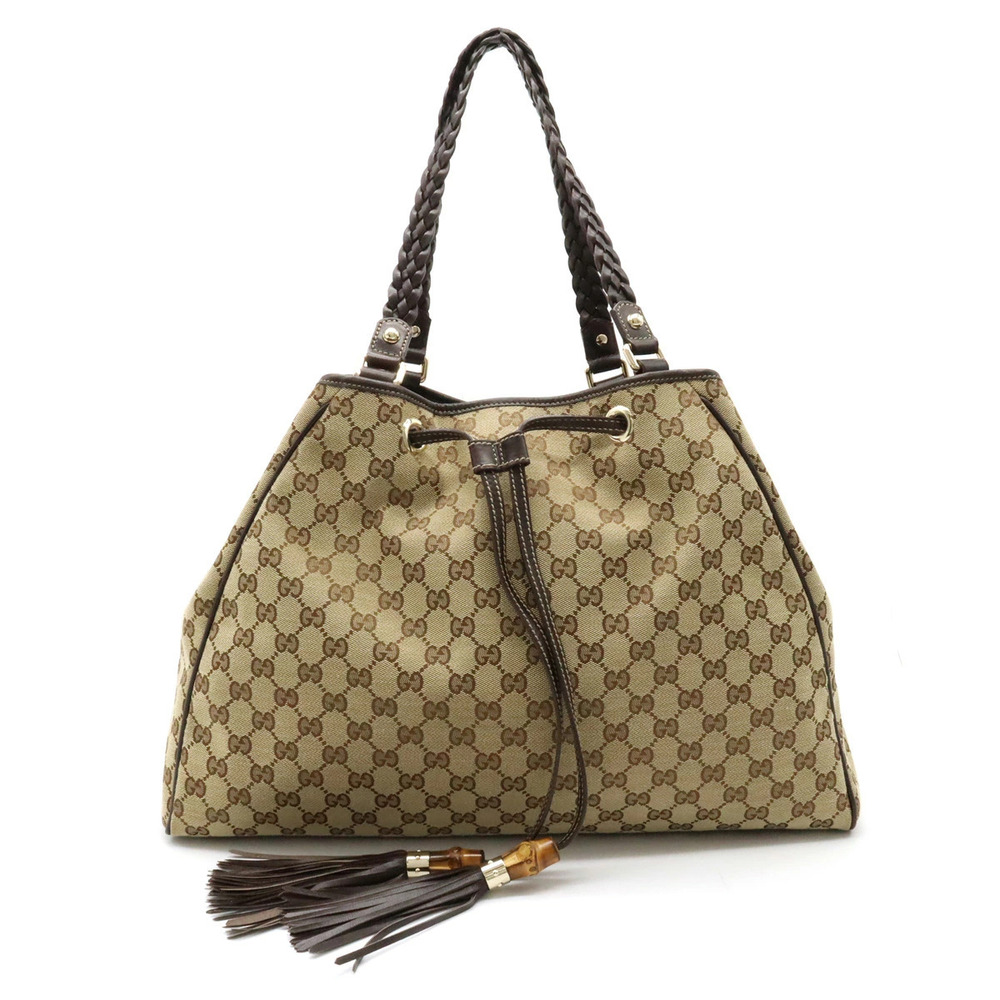 Gucci GG Canvas Tote Bag Shoulder Braided Strap Tassel Leather Beige Brown Cream